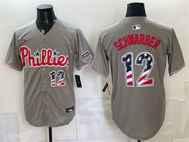 Men's Philadelphia Phillies #12 Kyle Schwarber Grey USA 250 Fourth of July Home Stitched Baseball Jersey